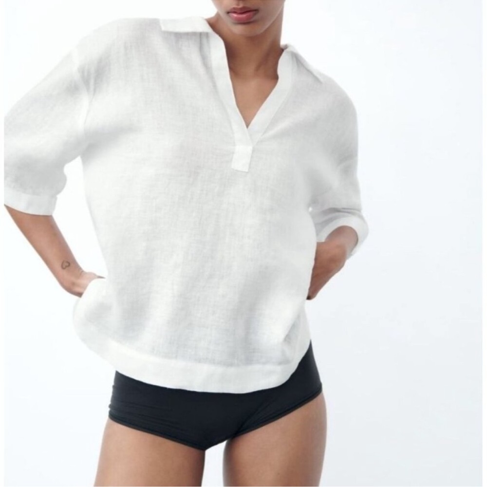 Zara linen White Button Down Blouse